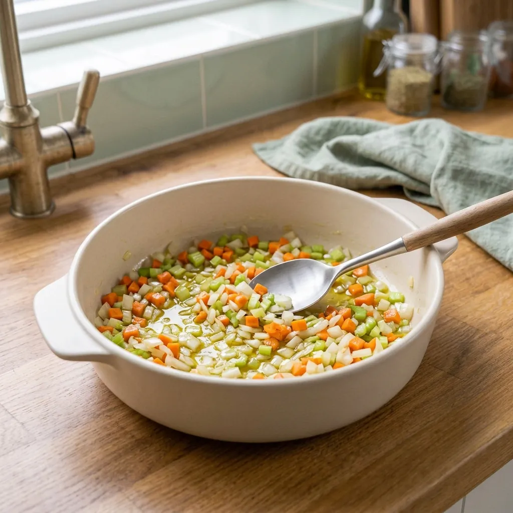 Diced onion, carrot and celery cooking in a pot