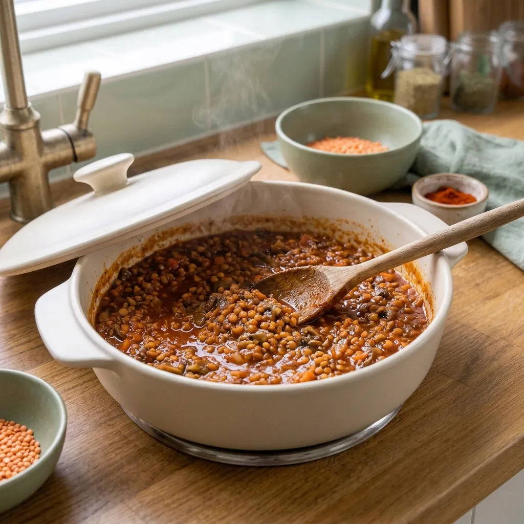 A pot of thick lentil and mushroom bolognese simmering
