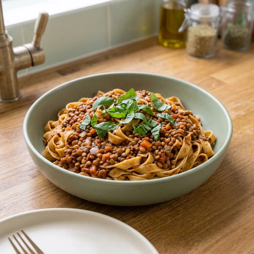 Tagliatelle with lentil bolognese and fresh basil in a bowl