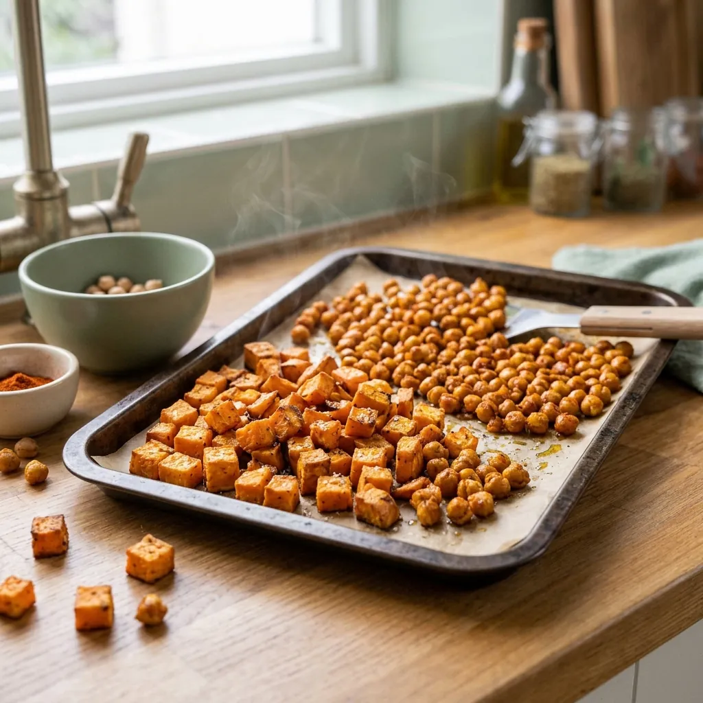 A baking tray with roasted sweet potato and crispy chickpeas