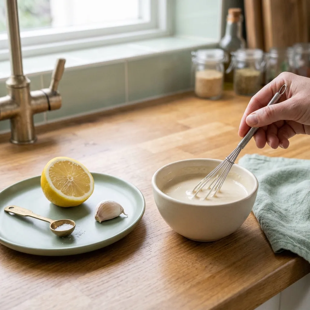 A bowl of lemon tahini dressing with a whisk and half a lemon
