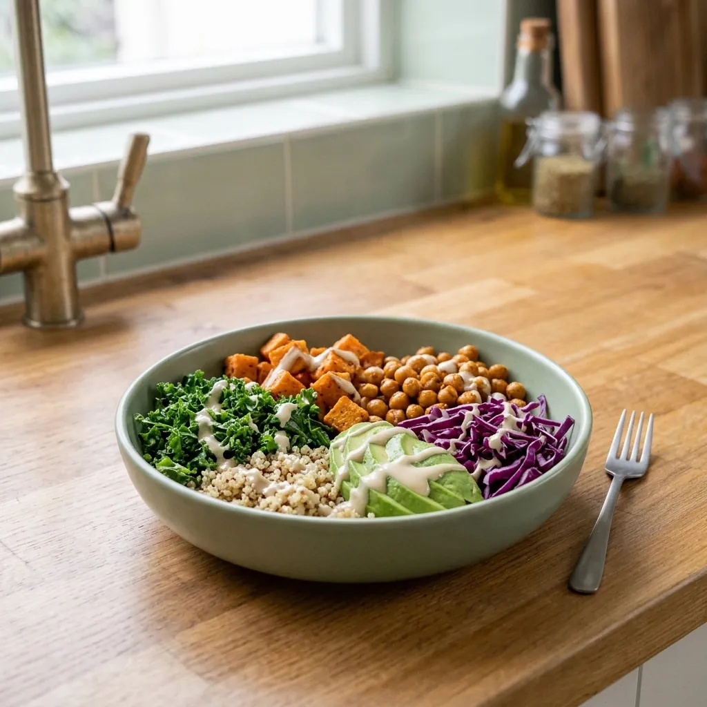 A bowl with quinoa, kale, sweet potato, chickpeas, avocado and red cabbage