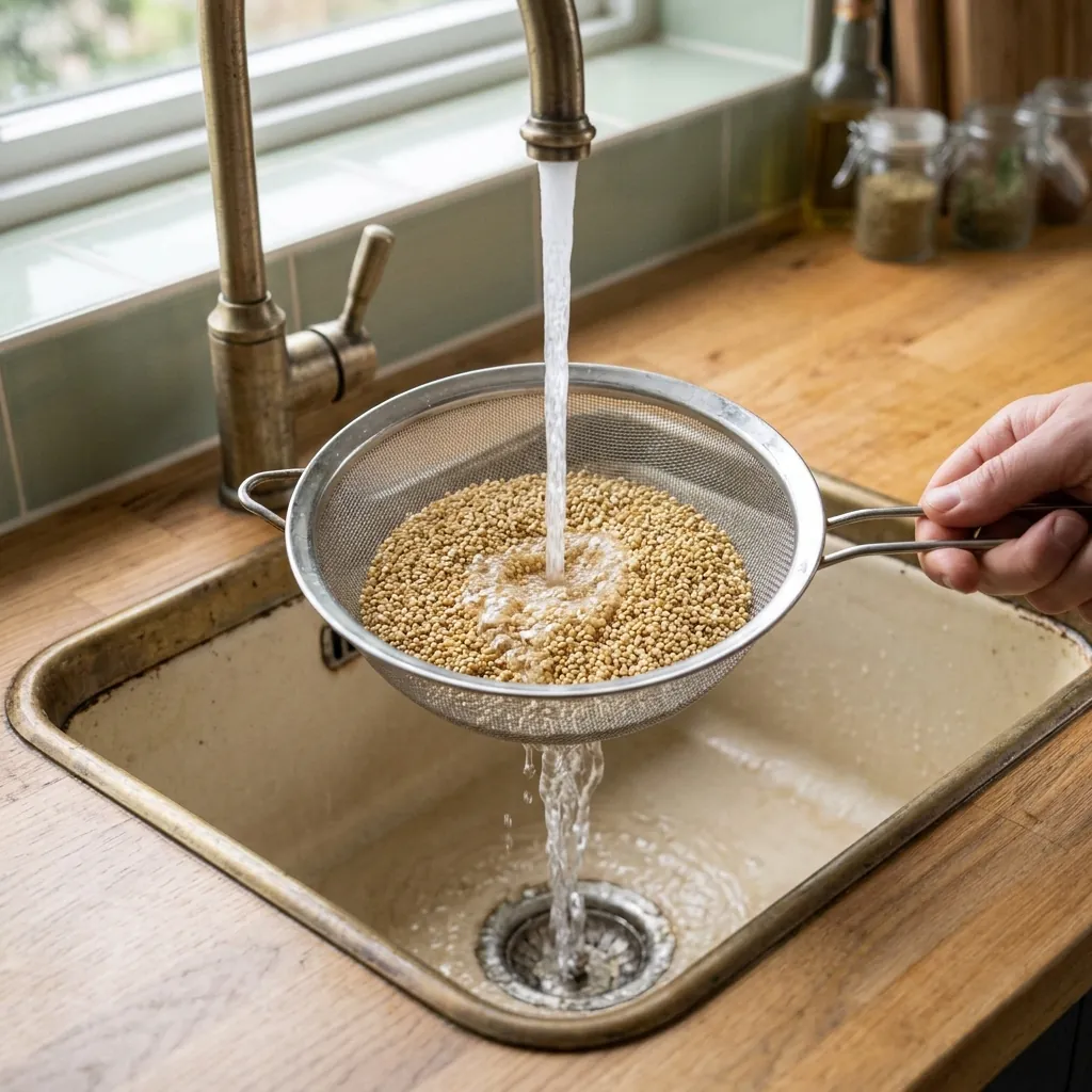Quinoa being rinsed in a sieve under running water