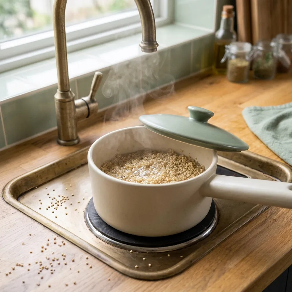 A pan of quinoa simmering with steam rising