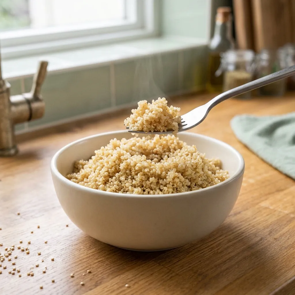A bowl of fluffy cooked quinoa with a fork