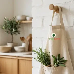 Beige Vegama kitchen apron hanging on a hook in a kitchen