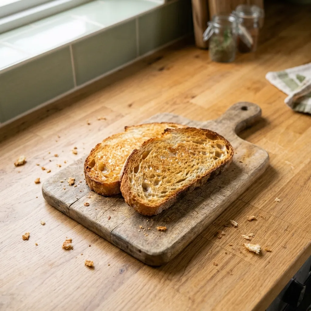 Two slices of toasted sourdough on a wooden board