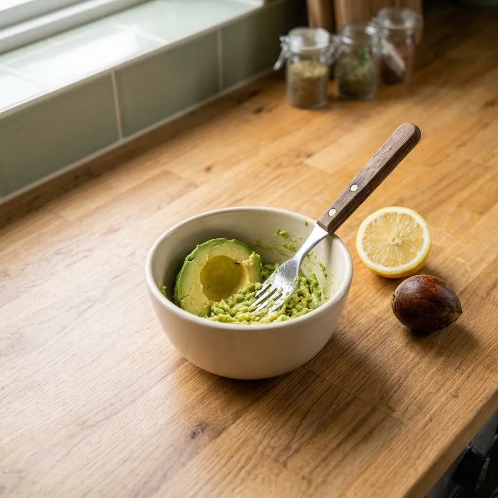 Avocado mashed with a fork in a bowl, next to half a lemon