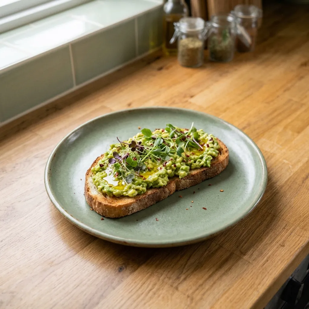 Avocado toast with micro herbs and chilli flakes on a green plate