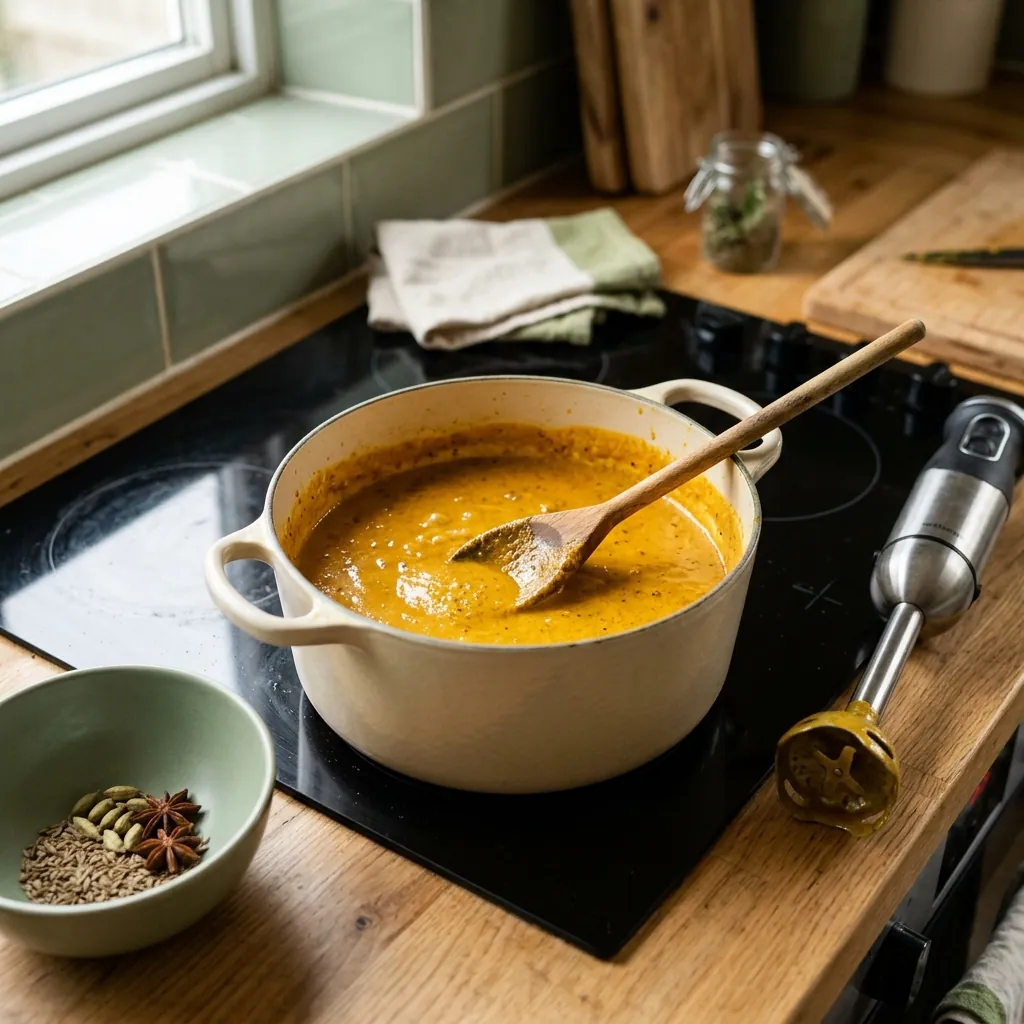 A pot of smooth orange curry sauce with a wooden spoon