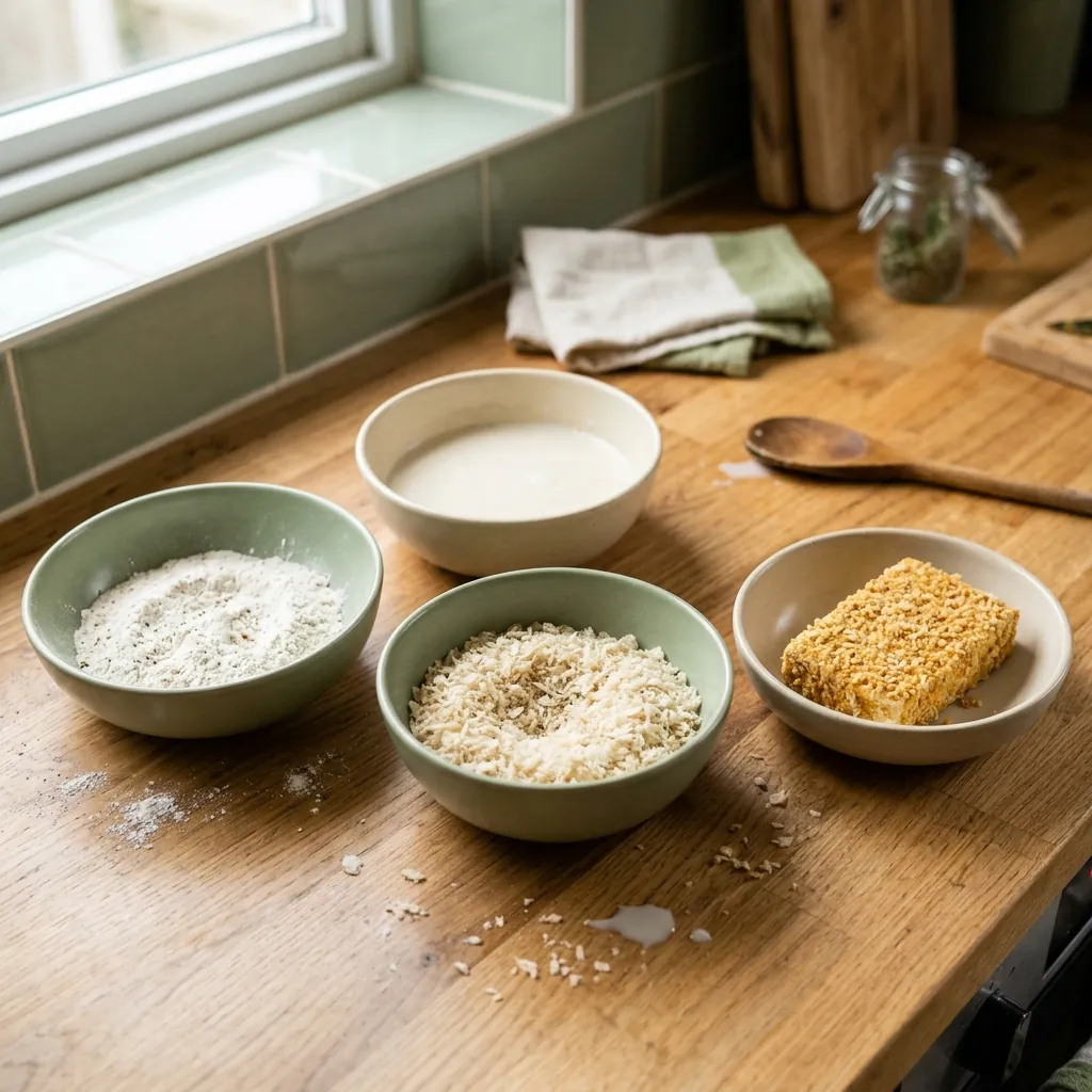 Three bowls with flour, plant milk and panko, and a breaded slab of tofu