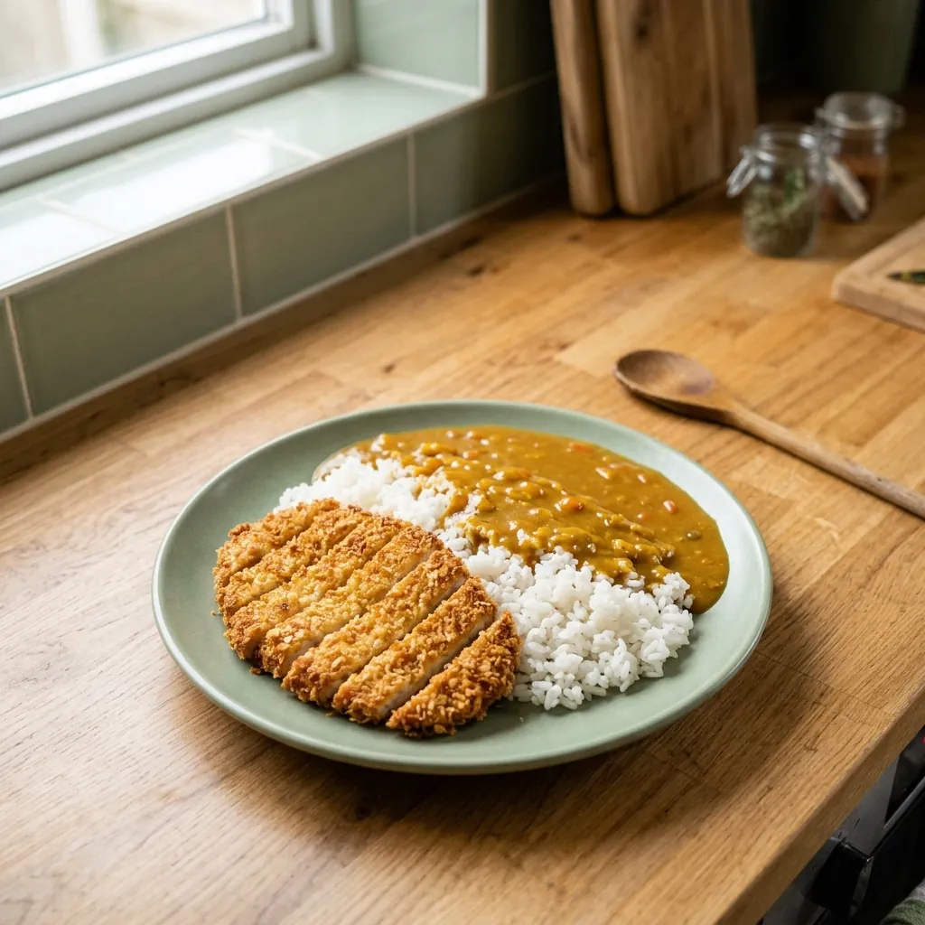 Sliced crispy tofu cutlet with rice and curry sauce on a green plate