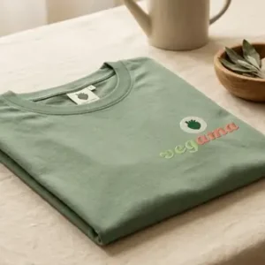 Folded olive green T-shirt with the Vegama logo