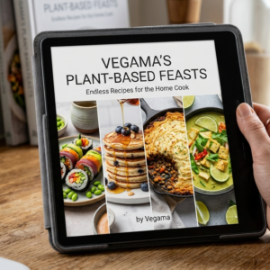The e-book Vegama's Plant-Based Feasts open on a tablet