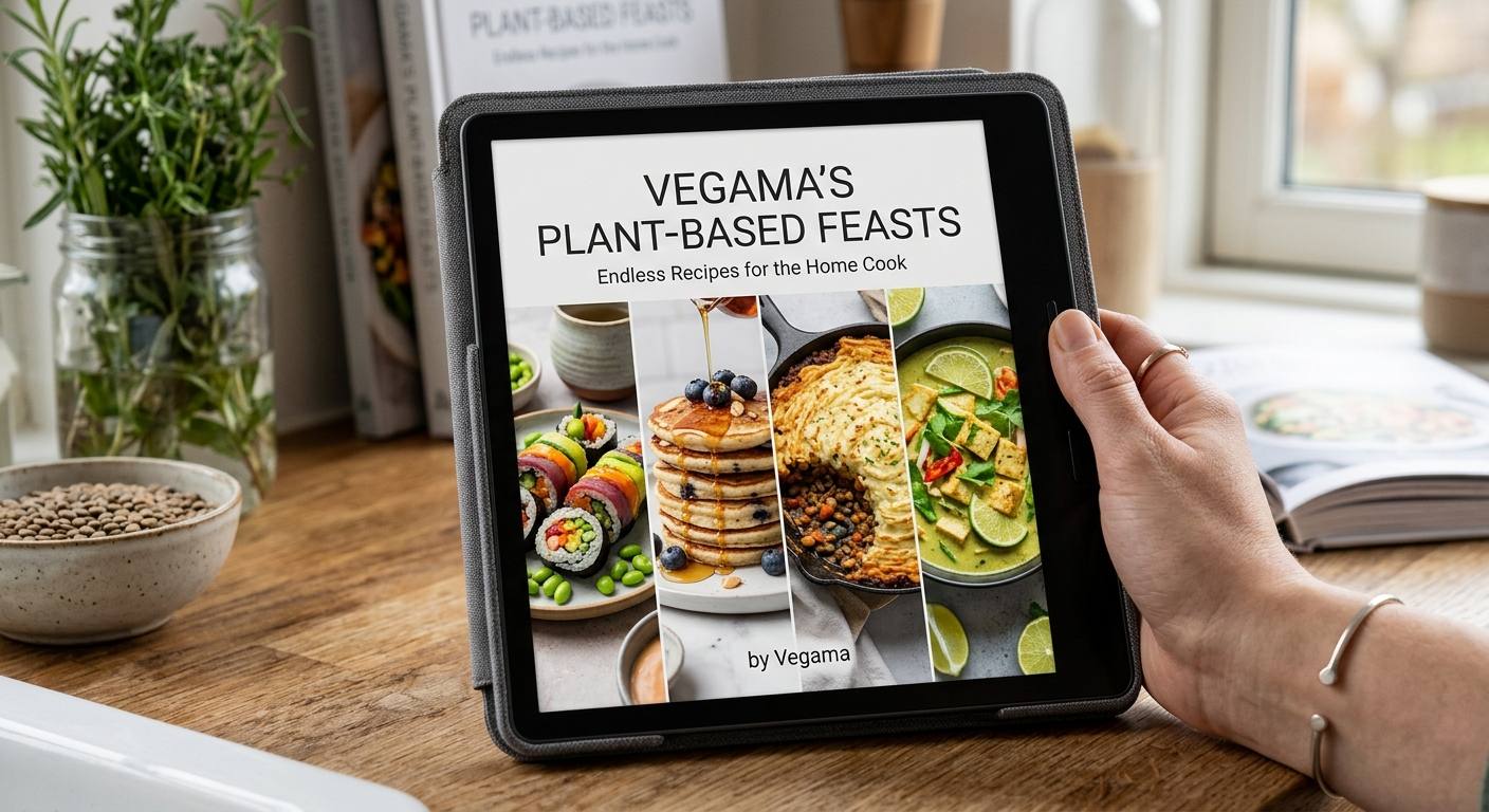 The e-book Vegama's Plant-Based Feasts open on a tablet