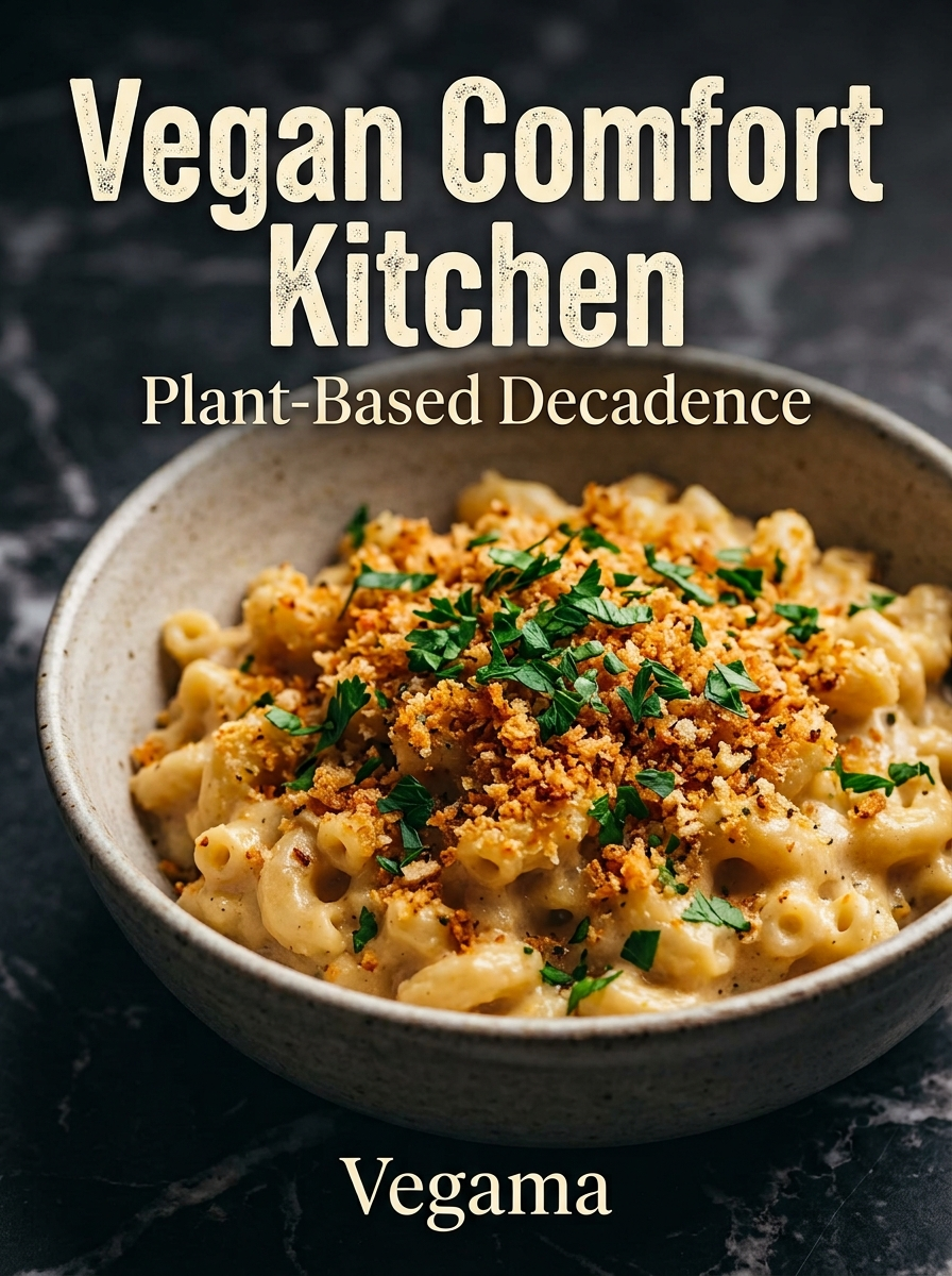 Cover of Vegan Comfort Kitchen with a bowl of baked mac and cheese with a crispy crust