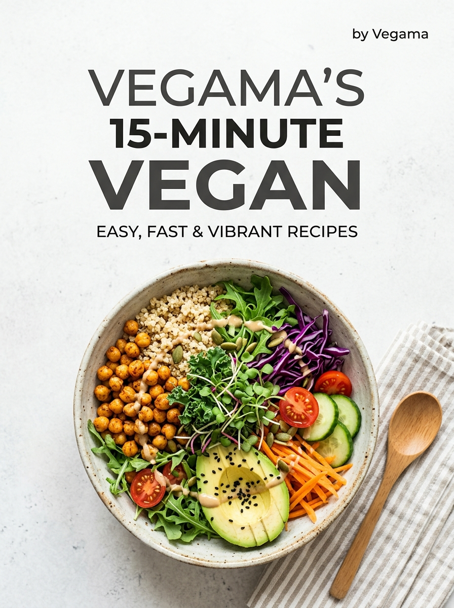 Cover of a 15-minute vegan e-book with a bowl of grains and vegetables