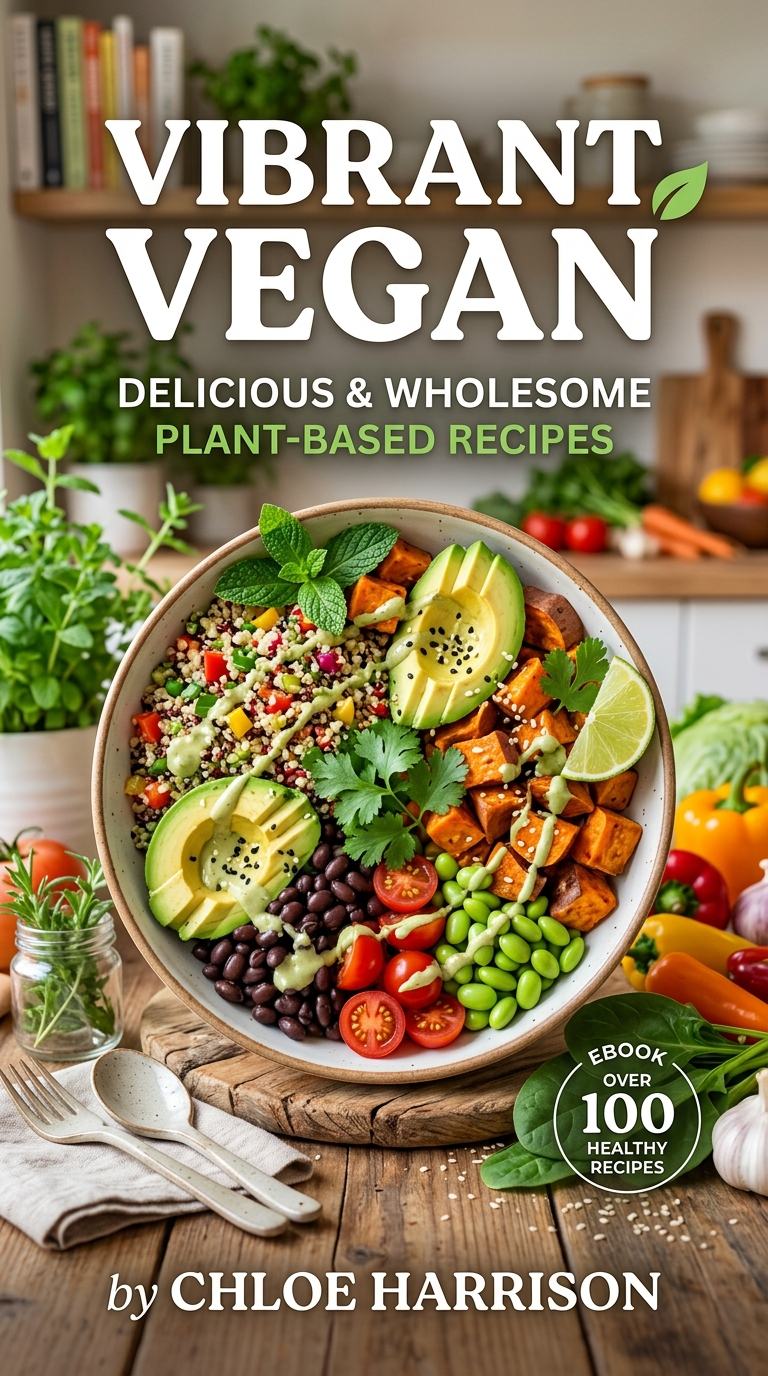Cover of a plant-based e-book with a bowl of avocado, sweet potato and edamame